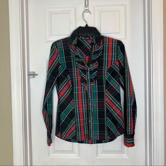 New York & Company Plaid Ruffle Button Down Shirt Size XS - Picture 1 of 10